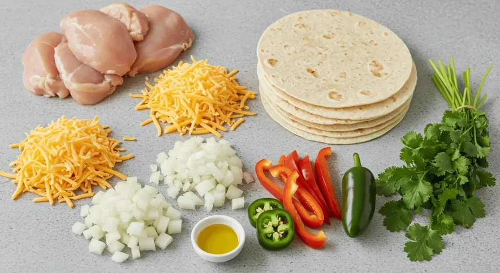 Essential ingredients for chicken quesadilla, including shredded cheese, cooked chicken, tortillas, bell peppers, onions, and bowls of spices on a wooden table.