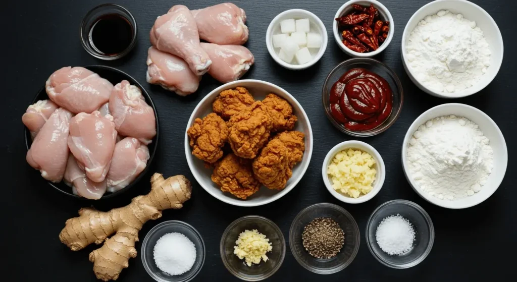 Ingredients for Korean fried chicken, including raw chicken, soy sauce, gochujang, garlic, ginger, flour, and potato starch, arranged on a table.