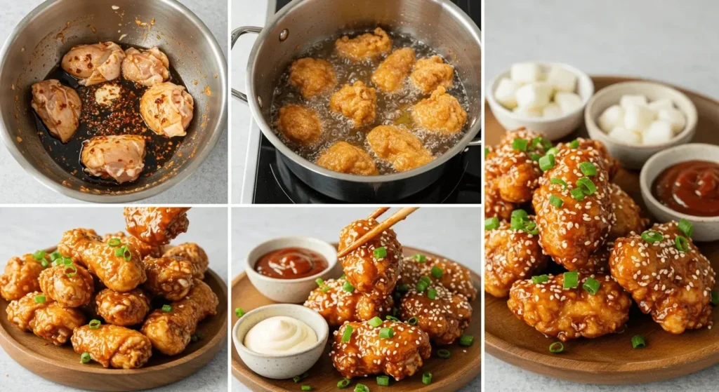 Step-by-step process of making Korean fried chicken, showing marinating, batter preparation, frying, and saucing stages.