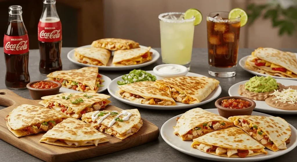 Creative chicken quesadilla variations featuring options with spinach, black beans, jalapeños, barbecue sauce, and fresh herbs on a serving platter.