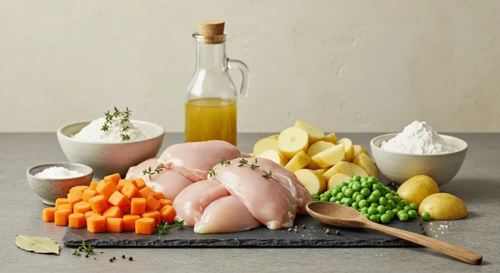 Key ingredients for a homemade chicken pot pie, including raw chicken, fresh vegetables, pie crust, and seasonings.