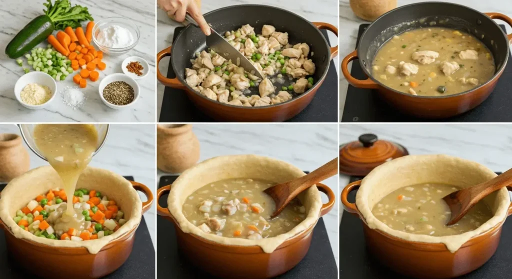 Step-by-step process of making chicken pot pie filling with sautéed vegetables, shredded chicken, and creamy sauce in a skillet.