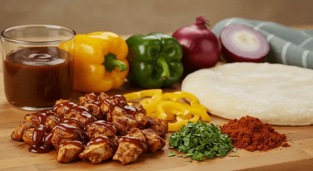 An arrangement of essential ingredients for BBQ chicken pizza, including shredded mozzarella, barbecue sauce, cooked chicken, fresh cilantro, and a prepared pizza crust.