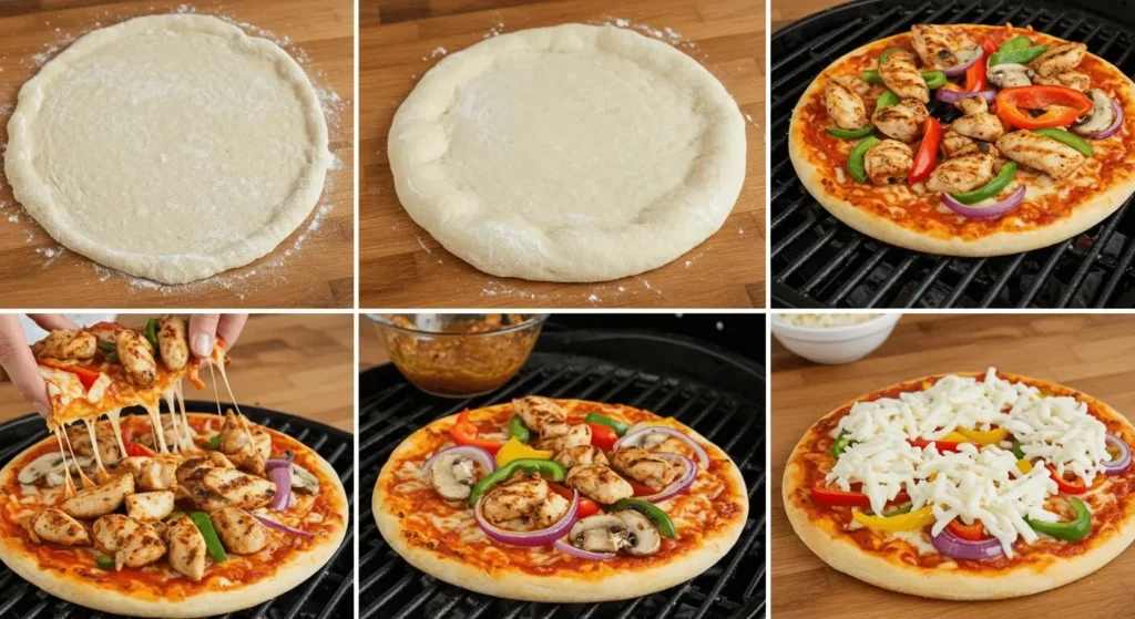 Step-by-step preparation of homemade chicken barbecue pizza, featuring a pizza crust topped with barbecue sauce, grilled chicken, shredded cheese, and fresh herbs.