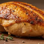 Perfectly roasted chicken breast with golden, crispy skin and juicy meat.