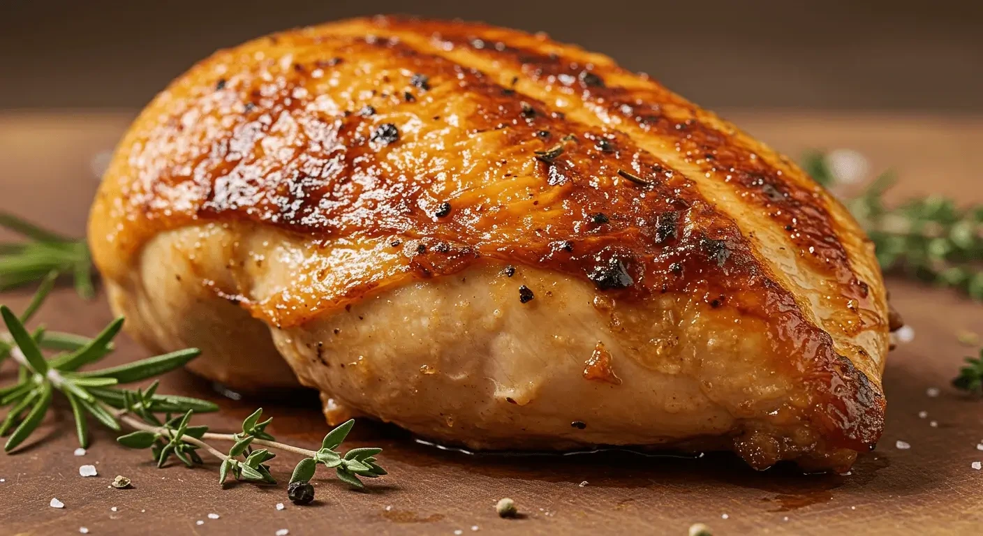 Perfectly roasted chicken breast with golden, crispy skin and juicy meat.