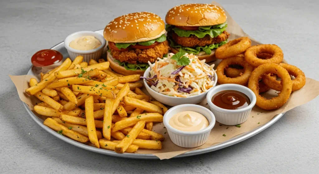 A chicken burger paired with a variety of sides including crispy fries, onion rings, coleslaw, and dipping sauces like barbecue, ranch, and spicy mayo, arranged on a wooden table.